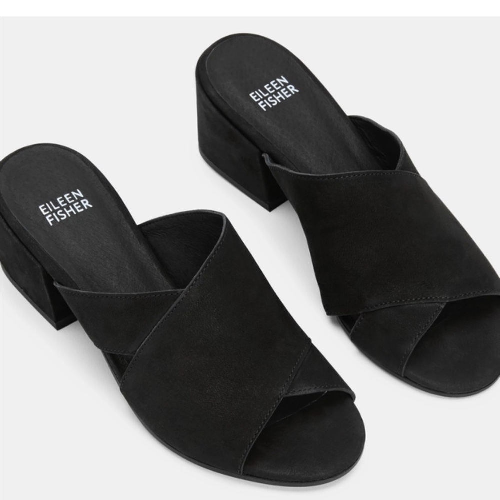 Eileen Fisher Black Suede Crisscross Block Heel Mule